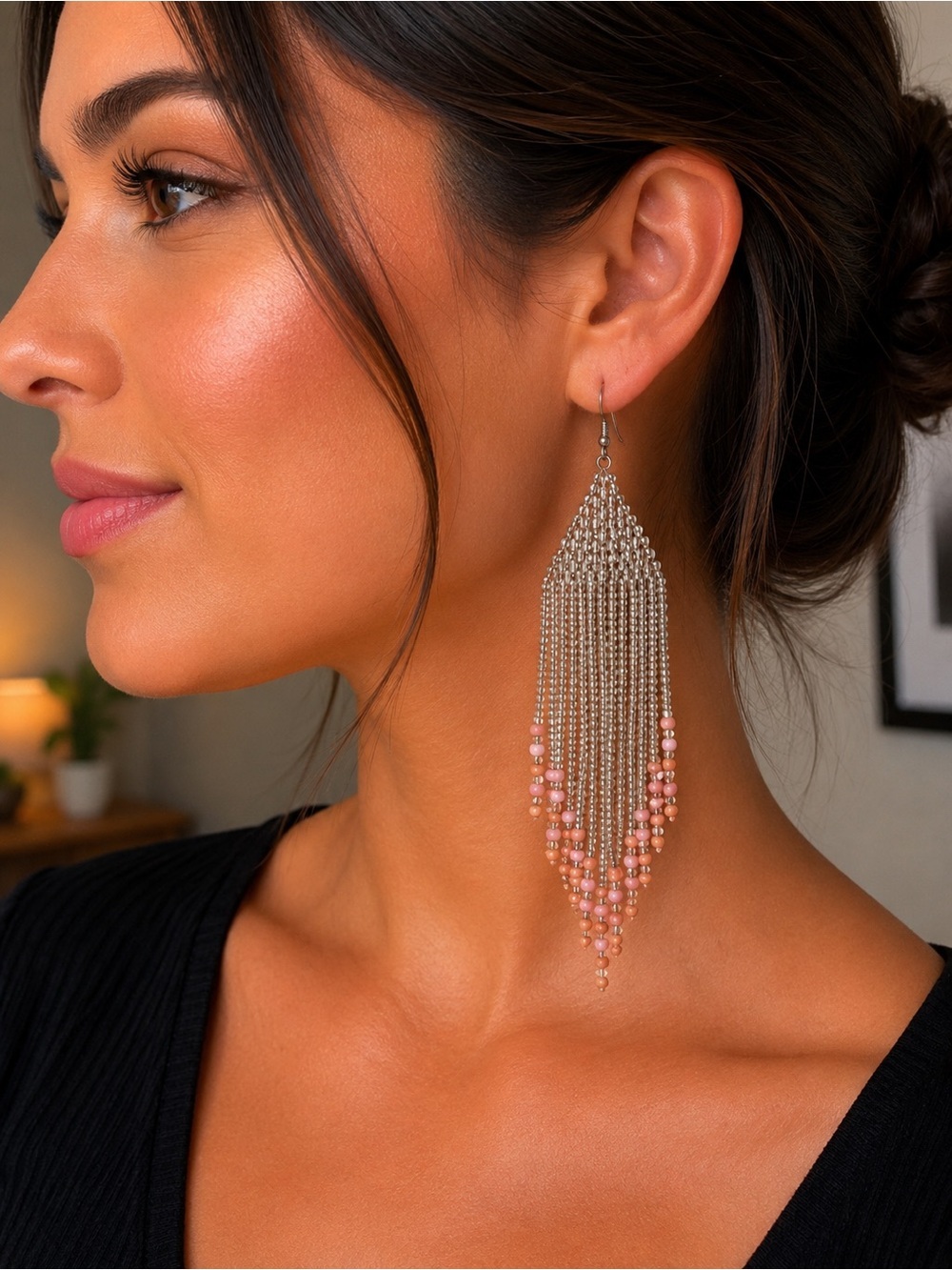 Silver & Blush Beaded Fringe Earrings | Elegant Statement Earrings